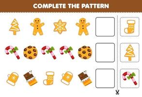 Education game for children cut and complete the pattern of each row from a cute cartoon gingerbread cookie candy chocolate worksheet vector