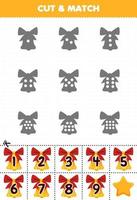 Educational game for kids count the dots on each silhouette and match them with the correct numbered bell ornament printable winter worksheet vector