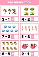 Education game for children fun subtraction by counting and eliminating cute cartoon candy tea coffee marshmallow chocolate printable winter worksheet vector