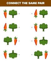 juego educativo para niños conecta la misma imagen de una linda caricatura de zanahoria y un par de espinacas hoja de trabajo de vegetales imprimible vector
