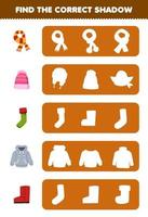 Education game for children find the correct shadow silhouette of cute cartoon scarf beanie sock hoodie boot printable winter worksheet vector