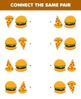 Education game for children connect the same picture of cute cartoon pizza and burger pair printable food worksheet vector