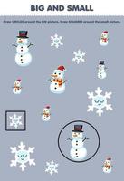 Education game for children arrange by size big or small by drawing circle and square of cute cartoon snowflake dan snowman printable winter worksheet vector