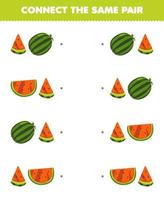 Education game for children connect the same picture of cute cartoon watermelon pair printable fruit worksheet vector