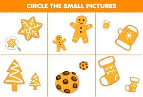 Education game for children circle the small picture of cute cartoon gingerbread cookie printable winter worksheet vector