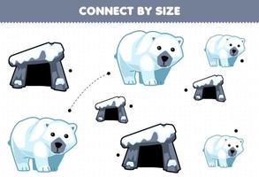 Educational game for kids connect by the size of cute cartoon polar bear and den printable winter worksheet vector