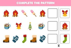 Education game for children cut and complete the pattern of each row from a cute cartoon bonfire marshmallow bell boot mitten sock worksheet vector