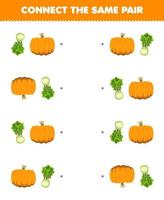 juego educativo para niños conecta la misma imagen de lechuga de dibujos animados lindo y par de calabaza hoja de trabajo de vegetales imprimible vector