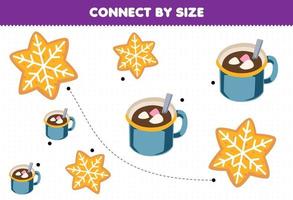 Educational game for kids connect by the size of cute cartoon cookie and hot chocolate printable winter worksheet vector