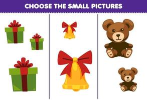 Education game for children choose the small picture of cute cartoon gift box bell teddy bear printable winter worksheet vector