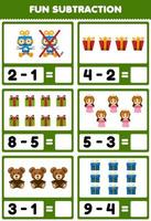 Education game for children fun subtraction by counting and eliminating cute cartoon robot doll teddy bear gift box printable winter worksheet vector