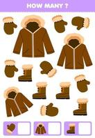 Education game for children searching and counting how many objects of cute cartoon mitten jacket boot printable winter worksheet vector