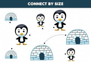 Educational game for kids connect by the size of cute cartoon igloo and penguin printable winter worksheet vector