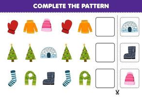 Education game for children cut and complete the pattern of each row from a cute cartoon mitten sweater beanie christmas tree igloo sock scarf boot worksheet vector