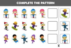 Education game for children cut and complete the pattern of each row from a cute cartoon boy and girl playing ski snowboard sled ice skating worksheet vector