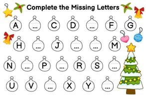 Education game for complete the missing letters with cute cartoon christmas tree picture printable winter worksheet vector