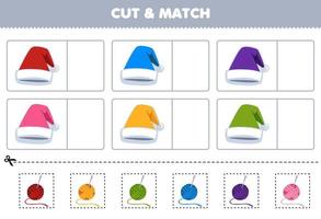 Education game for children cut and match the same color of cute cartoon hat printable winter clothes worksheet vector