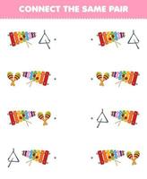 Education game for children connect the same picture of cute cartoon xylophone triangle and maracas pair printable music instrument worksheet vector