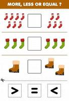 Education game for children count more less or equal of cartoon sock and boot then cut and glue the correct sign winter worksheet vector