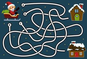 Maze puzzle game for children with cute cartoon santa and house printable winter worksheet vector