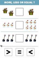 Education game for children count more less or equal of cartoon house snowman and shovel then cut and glue the correct sign winter worksheet vector