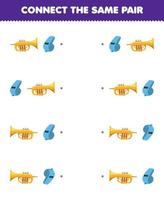 Education game for children connect the same picture of cute cartoon trumpet and whistle pair printable music instrument worksheet vector