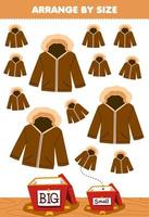 Education game for children arrange by size big or small put it in the gift box of cute cartoon jacket printable winter worksheet vector