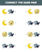 Education game for children connect the same picture of cute cartoon moon and werewolf pair printable halloween worksheet vector