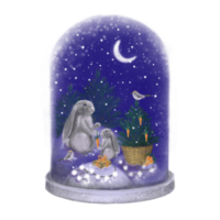 Happy New Year and Merry Christmas snow ball illustration on transparent background. Winter glass snow globe. Festive Xmas object. Good for holiday poster, greeting card, flyer, social net post, story