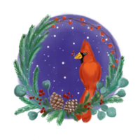 Christmas and New Year floral illustration. Holiday wreath with red cardinal bird, pine cones, berries. Can be used  for holiday poster, greeting card, flyer, sticker, social net post, story, reel. png