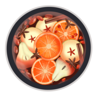 Mulled wine in a pot with oranges, pears, apples, cinnamon sticks, anise. Top view, flat lay. Can be used for cafe, restaurant, social net post, story, reel. png