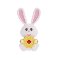 3D cute rabbit holding wealth gold money isolated,  element for Chinese new year, Chinese Festivals, Lunar, CYN 2023, Year of the Rabbit, 3d rendering. png