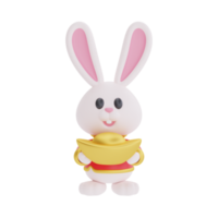 3D cute rabbit holding wealth gold money isolated,  element for Chinese new year, Chinese Festivals, Lunar, CYN 2023, Year of the Rabbit, 3d rendering. png
