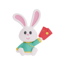 3D süßes Kaninchen mit Fächer und rotem Umschlag isoliert, Element für chinesisches Neujahr, chinesische Feste, Mond, Cyn 2023, Jahr des Kaninchens, 3D-Rendering. png