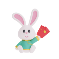 lapin mignon 3d tenant un ventilateur et une enveloppe rouge isolées, élément pour le nouvel an chinois, fêtes chinoises, lunaire, cyn 2023, année du lapin, rendu 3d. png