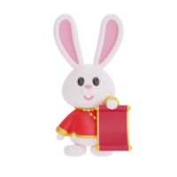 3D cute rabbit holding red ancient scroll isolated, element for Chinese new year, Chinese Festivals, Lunar, CYN 2023, Year of the Rabbit, 3d rendering.