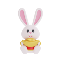 3D cute rabbit holding wealth gold money isolated,  element for Chinese new year, Chinese Festivals, Lunar, CYN 2023, Year of the Rabbit, 3d rendering. png