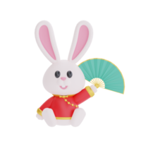 3D süßes Kaninchen mit Fan isoliert, Element für chinesisches Neujahr, chinesische Feste, Mond, Cyn 2023, Jahr des Kaninchens, 3D-Rendering. png