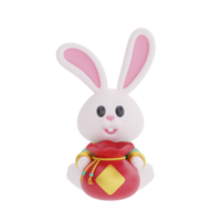 Lapin mignon 3d tenant un sac de fortune et de l'argent d'or de richesse isolé, élément pour le nouvel an chinois, fêtes chinoises, lunaire, cyn 2023, année du lapin, rendu 3d. png