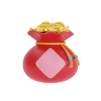 Saco da fortuna vermelho 3d cheio de ouro e dinheiro isolado, decoração para o ano novo chinês, festivais chineses, lunar, elemento cyn, renderização em 3d. png