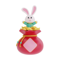 Lapin mignon 3d avec sac rouge plein d'argent isolé, élément pour le nouvel an chinois, fêtes chinoises, lunaire, cyn 2023, année du lapin, rendu 3d. png