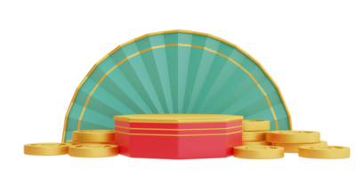 Exibição de produto vermelho 3d com moedas de ouro isoladas, decoração para o ano novo chinês, festivais chineses, lunar, elemento cyn, renderização em 3d. png