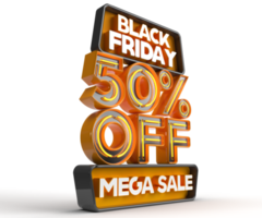 Black Friday sale 3d realistic render isolated with 50 percent off mega sale right side view PNG