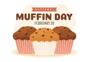 día nacional del muffin el 20 de febrero con muffins clásicos de comida con chispas de chocolate deliciosos en ilustración de plantilla dibujada a mano de dibujos animados planos vector