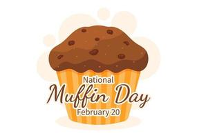 día nacional del muffin el 20 de febrero con muffins clásicos de comida con chispas de chocolate deliciosos en ilustración de plantilla dibujada a mano de dibujos animados planos vector