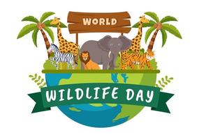 World Wildlife Day on March 3rd to Raise Animal Awareness, Plant and Preserve Their Habitat in Forest in Flat Cartoon Hand Drawn Template Illustration vector