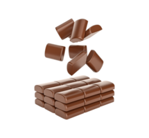 trozos de chocolate cayendo sobre pilas de chocolate ilustración 3d png