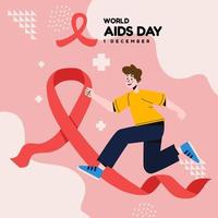 World Aids Day Man Running with Long Red Ribbon Peace Symbol Campign Banner Flayer vector