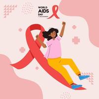 World Aids Day Happy Woman Sledding on Red Ribbon Peace Symbol vector