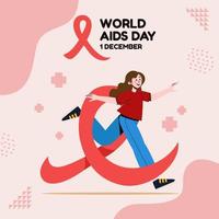 sonrisa de mujer del día mundial del sida corriendo con ilustración de símbolo de paz de cinta roja vector